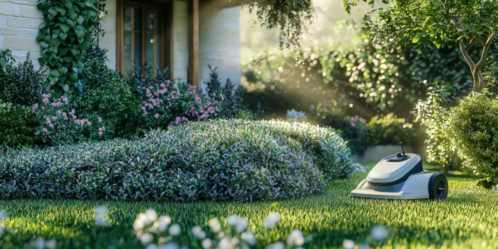 Robot tondeuse dans jardin